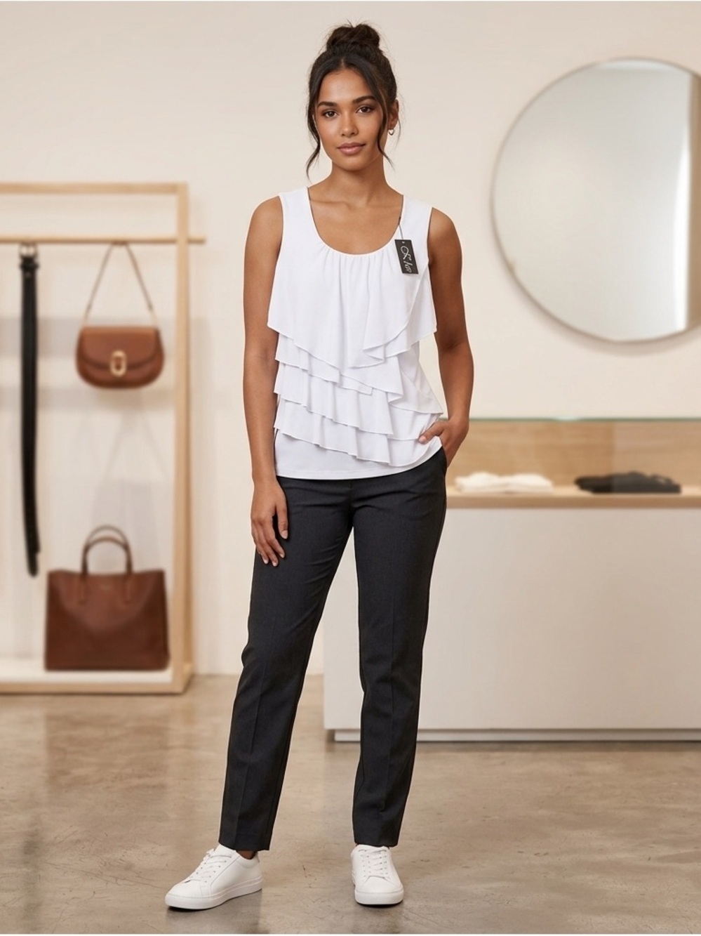 KLAVELI Sleeveless White Ruffled Tiered Blouse. NWT. Size Medium